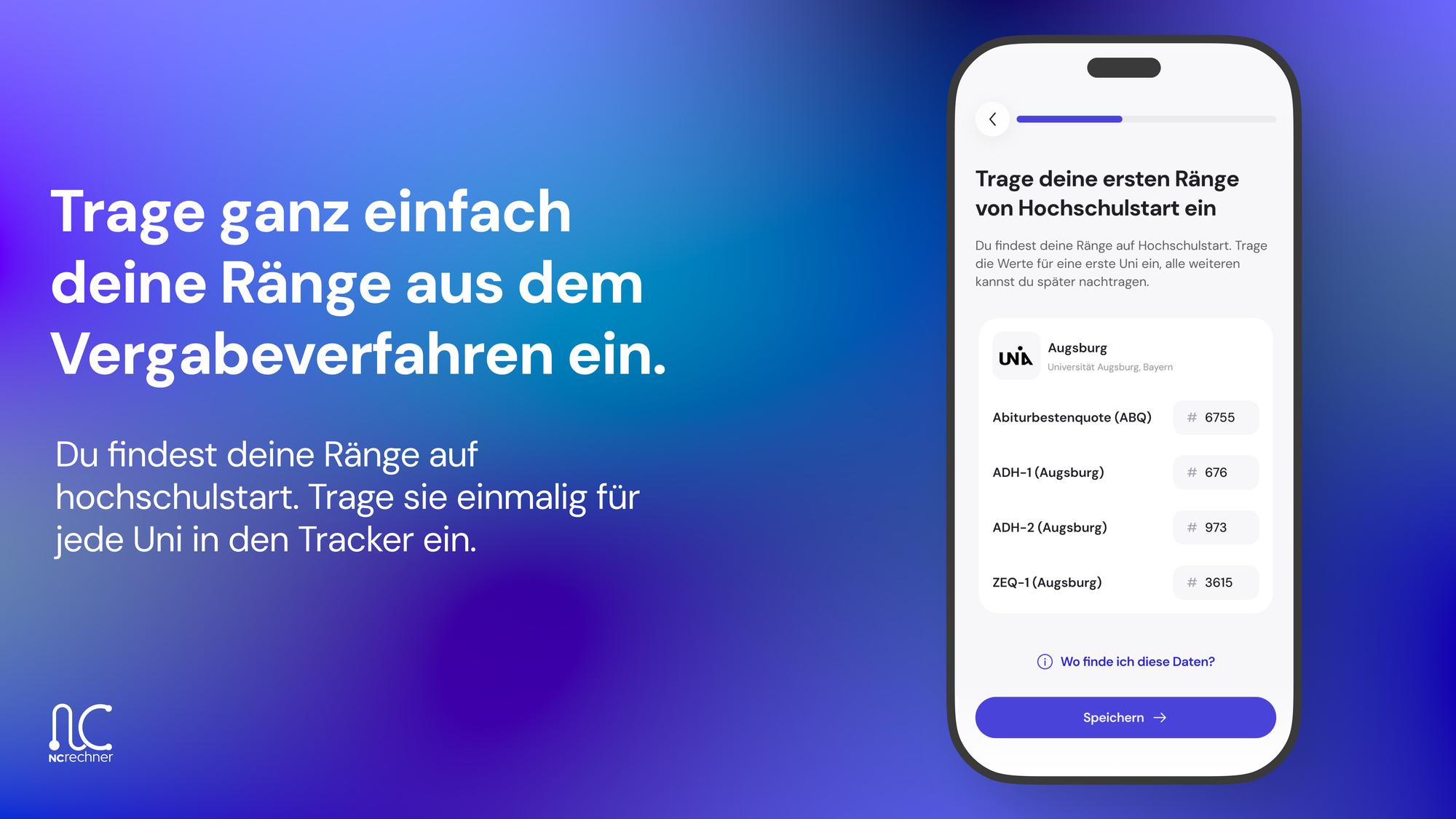 Onboarding im Aufrück-Tracker: Rangplätze von hochschulstart je Quote (ABQ, AdH-1, AdH-2, ZEQ-1) manuell eintragen